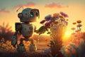 cute robot watering flowers in garden, with view of the sunset