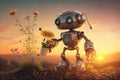 cute robot watering flowers in garden, with view of the sunset