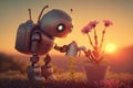 cute robot watering flowers in garden, with view of the sunset