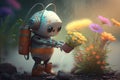 cute robot watering flowers and humming happily