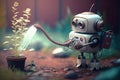 cute robot watering garden with hose, bringing life and beauty to the space