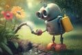 cute robot watering garden with sprinkler, bringing life and beauty to the garden