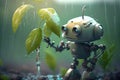 cute robot watering garden, with water droplets forming on the leaves