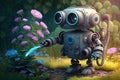 cute robot watering garden with water hose, surrounded by blooming flowers