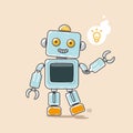 Cute robot waves his hand with yellow idea symbol Royalty Free Stock Photo
