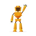 Cute robot waving with hand gesturing hi isolated on white background. Funny futuristic bot with smiling friendly face