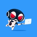 Cute Robot Wear Hacker Mask Use Laptop Icon On Blue Background Modern Technology Artificial Intelligence