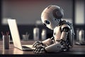 Cute Robot working with laptop. AI Robot concept. Generative AI Royalty Free Stock Photo