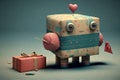 cute robot wrapping present with different color and pattern papers