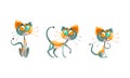 Cute Robotic Cat with Metal Tail and Whiskers Sitting and Walking Vector Set