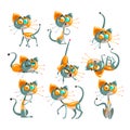 Cute robotic cat set, funny robot animal in different actions vector Illustrations on a white background