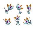 Cute Robotic Dog with Metal Tail Sitting and Walking Vector Set