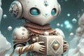 Cute Robotic Fashionista with Luxurious Accessories Giving a Gift on Glazy Background