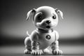 Cute robotic puppy on empty background. White happy little dog robot. Futuristic pet assistant powered by artificial intelligence