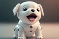 Cute robotic puppy on empty background. White happy little dog robot. Futuristic pet assistant powered by artificial intelligence