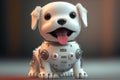 Cute robotic puppy on empty background. White happy little dog robot. Futuristic pet assistant powered by artificial intelligence