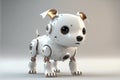 Cute robotic puppy on empty background. White happy little dog robot. Futuristic pet assistant powered by artificial intelligence