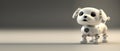 Cute robotic puppy on empty background. White happy little dog robot. Futuristic pet assistant powered by artificial intelligence