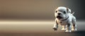 Cute robotic puppy on empty background. White happy little dog robot. Futuristic pet assistant powered by artificial intelligence