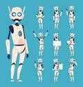 Cute robots. Android characters in action poses with bionic arms vector cartoon humanoid persons