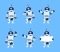 Cute robots. Cartoon android character set, futuristic machine with different poses. Vector isolated objects