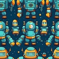 Cute robots in cartoon style on background of space. Seamless pattern. Royalty Free Stock Photo