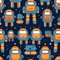 Cute robots in cartoon style on background of space. Seamless pattern. Royalty Free Stock Photo