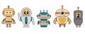 Cute Robots characters. Chatbots, AI bots mascots, digital cyborgs, futuristic technology service. Comic elements in