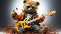 cute rock star bear playing guitar. , kids wear fashion design, baby shower. generative ai