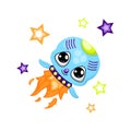 Cute rocket character vector illustration on white background. Space or universe exploration. Cosmic spaceship