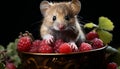 Cute rodent eating fruit, surrounded by fresh green leaves generated by AI