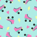 Cute roller skates seamless pattern. Retro roller skates, lightning and love