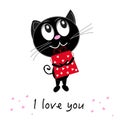 Cute romantic black cat holding red gift box. ``I love you`` text. Happy Valentine`s day greeting card Royalty Free Stock Photo