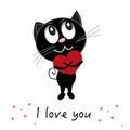 Cute romantic black cat holding red shining heart. ``I love you`` text. Happy Valentine`s day greeting card Royalty Free Stock Photo