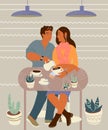 Young couple dialog or conversation at cafe on date flat cartoon vector illustration Royalty Free Stock Photo