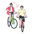 Cute romantic couple riding bicycle together. Young woman and man