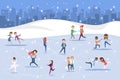 Cute romantic couples skate together outdoors. Winter activity