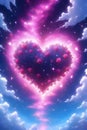 A cute romantic heart of rose in the blue sky, flower, clouds, love athmosphere, digital anime art Royalty Free Stock Photo