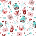 Cute romantic elements seamless vector pattern. Hand-drawn holiday background. Love symbols