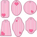 Romantic pink and white striped tag collection with hearts Royalty Free Stock Photo