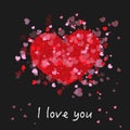 Cute romantic red and pink shining many hearts. ``I love you`` text. Happy Valentine`s day greeting card with black background Royalty Free Stock Photo