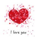 Cute romantic red and pink shining many hearts. ``I love you`` text. Happy Valentine`s day greeting card Royalty Free Stock Photo