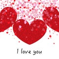 Cute romantic red and pink shining many hearts. ``I love you`` text. Happy Valentine`s day greeting card Royalty Free Stock Photo