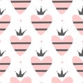 Cute romantic seamless pattern. Repeated striped hearts with crowns and dots. Royalty Free Stock Photo