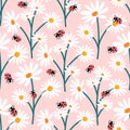 cute romantic seamless vector pattern illustration with white daisy flowers, red ladybugs on pastel pink background Royalty Free Stock Photo
