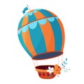 Cute romantic striped balloon with basket. Flying machine. Children s illustration