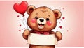 Cute happy romantic teddybear holding a blank banner with copy space