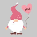 Cute romantic Valentine`s gnome holds heart ballon in his hand. Cartoon Valentines gnome in pastel pink colors. Dwarf Valentine`s