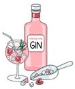 Cute romantic valentines day composition with premium pink Gin in a bottle, tonic cocktail with strawberries and a scoop