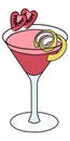 Cute romantic Valentines day pink Cosmopolitan cocktail in martini glass garnished with lemon twist and heart shaped Royalty Free Stock Photo